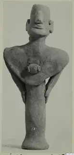 Terracotta figurine of a standing human figure with a tall, flat-topped head and a flared base