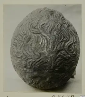Rounded grey stone object with wavy carved grooves covering its whole surface