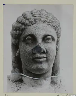 Stone head of a statue with tiered curled hair, photographed frontally at Arsos