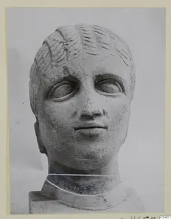 Stone head of a statue from Arsos, shown from the front against a pale background.