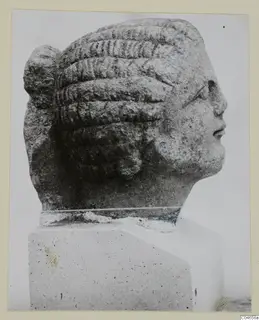 Stone statue head from Arsos, shown in profile facing right, with tiered ridged hair