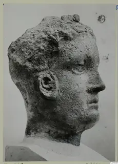 Profile of a carved stone head from Mersinaki, with a pitted surface and a small section of shoulder below