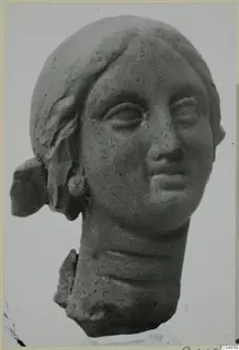 Female head fragment in terracotta from Soli, hair drawn back, neck broken off