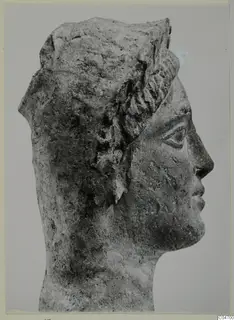 Profile view of a sculpted human head facing right, with wavy hair and a rough, weathered surface