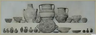 Pottery vessels from Amathus Tomb 5, arranged in two rows against a pale backdrop.