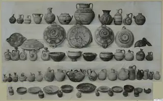 Pottery vessels from Amathus Tomb 11: jugs, juglets, bowls and dishes laid out in rows on a light ground
