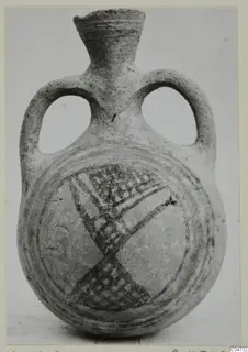 Two-handled jug from Amathus, Pottery Bichrome II, with dark painted bands and a crosshatched pattern on the body