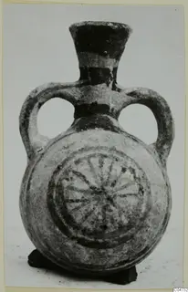 Pottery White Painted II vessel from Amathus with two loop handles and a radiating wheel motif on the body