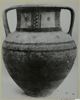 Two-handled jar with painted neck panels of circles and triangles, from Amathus