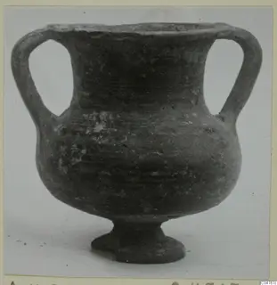 Two-handled vessel with a wide rounded body and short ring foot, seen from the side.