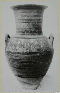 Tall two-handled vessel with a flaring rim and banded and checkerboard decoration, Pottery Bichrome IV, Cyprus Museum
