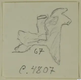 Pencil drawing of a fragmentary figurine from Amathus, shown in side view