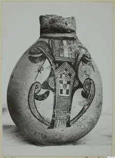 Round painted jug with a short neck and a bold pattern of bands, hatching and a checkered panel