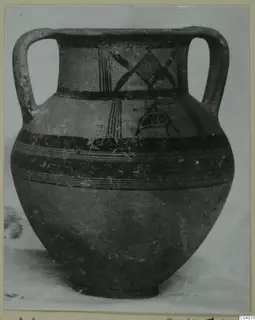 Two-handled painted pottery jar with dark bands and hatched motifs on the shoulder