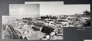 Composite panoramic view of excavated stone walls, steps and floors at Vouni Palace, with the sea beyond