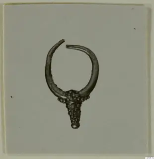 Earring of gold or silver-coloured metal, open ring with a granulated cone-shaped pendant, photographed on a plain grey card.