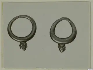 Two ring earrings with clusters of small rounded balls at the base, shown side by side