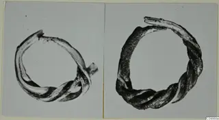 Two twisted metal rings with open ends, each photographed separately on a shared card mount.