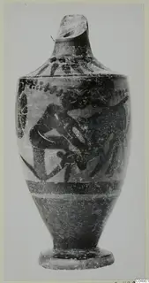 Black-figure pottery flask from Amathus with a painted scene of a figure and a shield