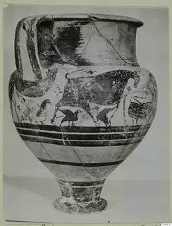 Large pottery amphora-crater from Enkomi with painted birds and an animal with curved horns around its body