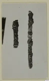 Two corroded metal rod-shaped finds from Amathus, standing upright against a pale background.