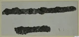 Two corroded bronze objects from Amathus, elongated and irregular in outline, on a pale ground.