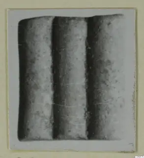 Close-up photograph of three vertical raised bands on a small object, mounted on a pale card with a border.