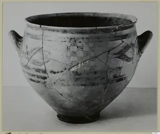 Pottery Levanto-Helladic Ware amphora-crater with two horizontal handles and dark painted bands, photographed against a plain background