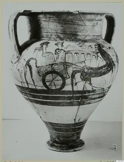 Levanto-Helladic amphora-crater with a painted scene of a wheel and standing figures