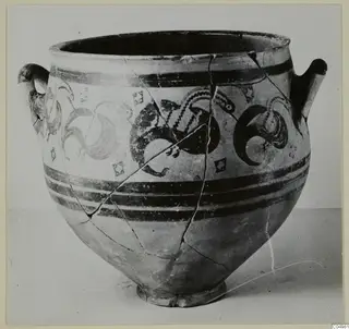 Pottery amphora-crater with dark painted bands and stylised bird motifs, seen from the side