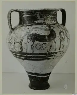 Two-handled painted pottery amphora-crater, Levanto-Helladic ware, standing on a narrow foot against a plain backdrop.