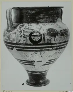 Pottery Levanto-Helladic Ware Amphora-Crater with two handles and painted bands and motifs around the body.