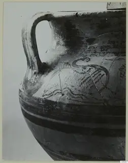 Levanto-Helladic Ware amphora-crater, close view of one handle and a painted motif on the shoulder