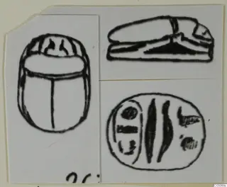 Field drawing of a scarab seal from Ayia Irini, shown from above, from the side and from its flat base