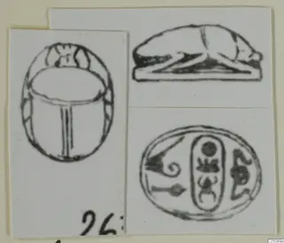 Drawings of a scarab seal from Ayia Irini in three views: back, side and base