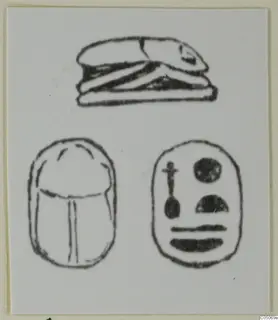 Drawings of three seals: a flat-backed seal above, and two scarab-shaped seals below, one with signs on its base.