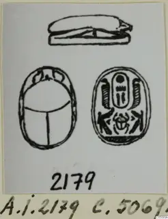 Drawing of a scarab seal shown in three views: side profile, back, and engraved base