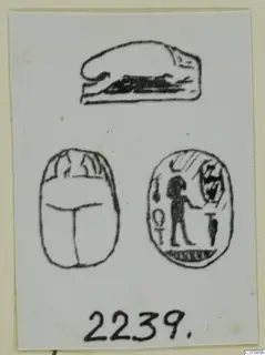 Drawing of three seals: one shaped like a recumbent animal, a scarab seen from the back, and an oval seal with a standing figure