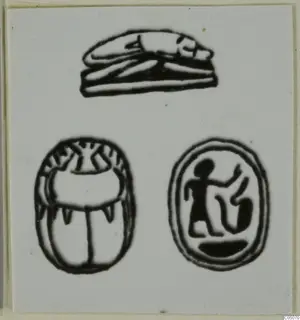 Drawings of three seals on a pale card: a recumbent animal, a scarab beetle and an oval seal with a figure