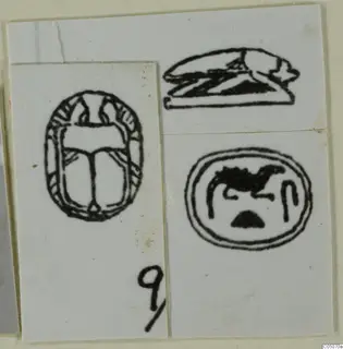 Line drawings of three seal-stones on white card, one showing a scarab beetle.