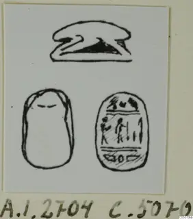 Ink drawings of a scarab seal: its rounded back at top and its oval base with figures and signs below.