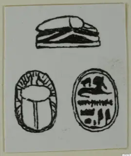 Drawing of three seal-type objects, two of them scarabs: one showing its back, one its flat base.