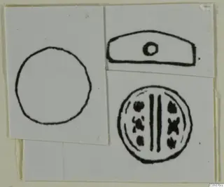 Drawings of a scarab from Ayia Irini: side profile with a perforation, and its flat base with a linear and dotted design