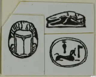 Field drawings of three seals, one scarab-shaped, pasted on a card mount