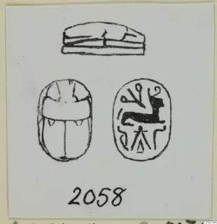 Drawing of a scarab seal in three views, its engraved base showing a crouching animal and signs