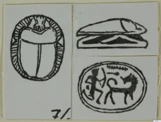 Three line drawings of seals: a scarab seen from above, a scarab in side view, and an oval gem with a figure and an animal