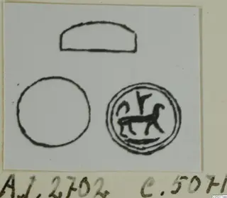 Ink drawings of seal-like objects on a card: a plain circle, a dome outline, and a double-bordered circle with an animal inside