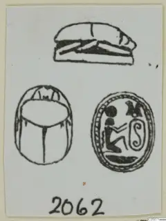 Drawing of a scarab beetle and two seal designs, one showing a small kneeling figure beside a spiral sign