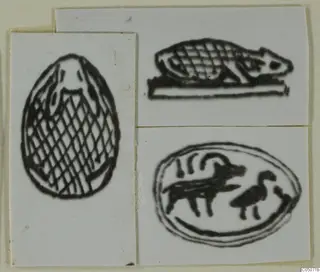 Drawn impressions of three seal designs on white card: a crosshatched oval, a recumbent animal, and an animal with a bird.