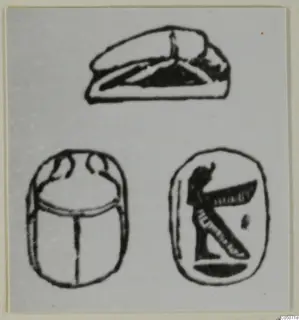 Drawing of three objects: a side-view shape, a scarab beetle, and an oval seal face with a standing figure.